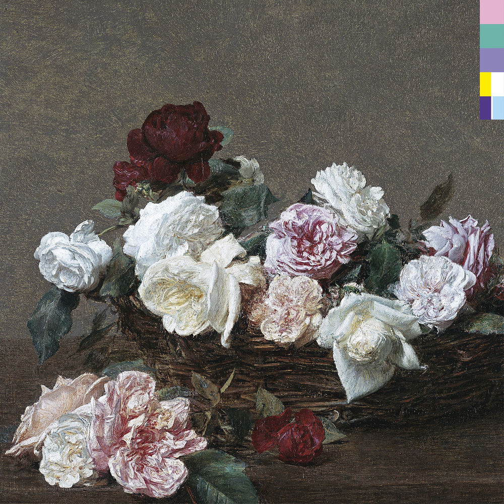 Reproduction du tableau Un panier de roses d'Henri Fantin-Latour, nature morte du XIXe siècle aux roses pâles, avec un petit bloc de couleurs codées dans le coin supérieur droit, pour la pochette de l'album Power, Corruption & Lies de New Order